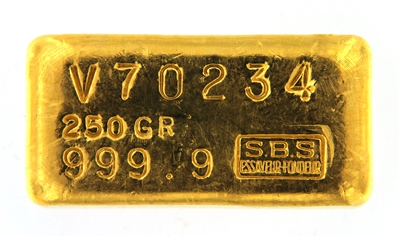 SociÃ©tÃ© De Banque Suisse (S.B.S) 250 Grams Cast 24 Carat Gold Bullion ...